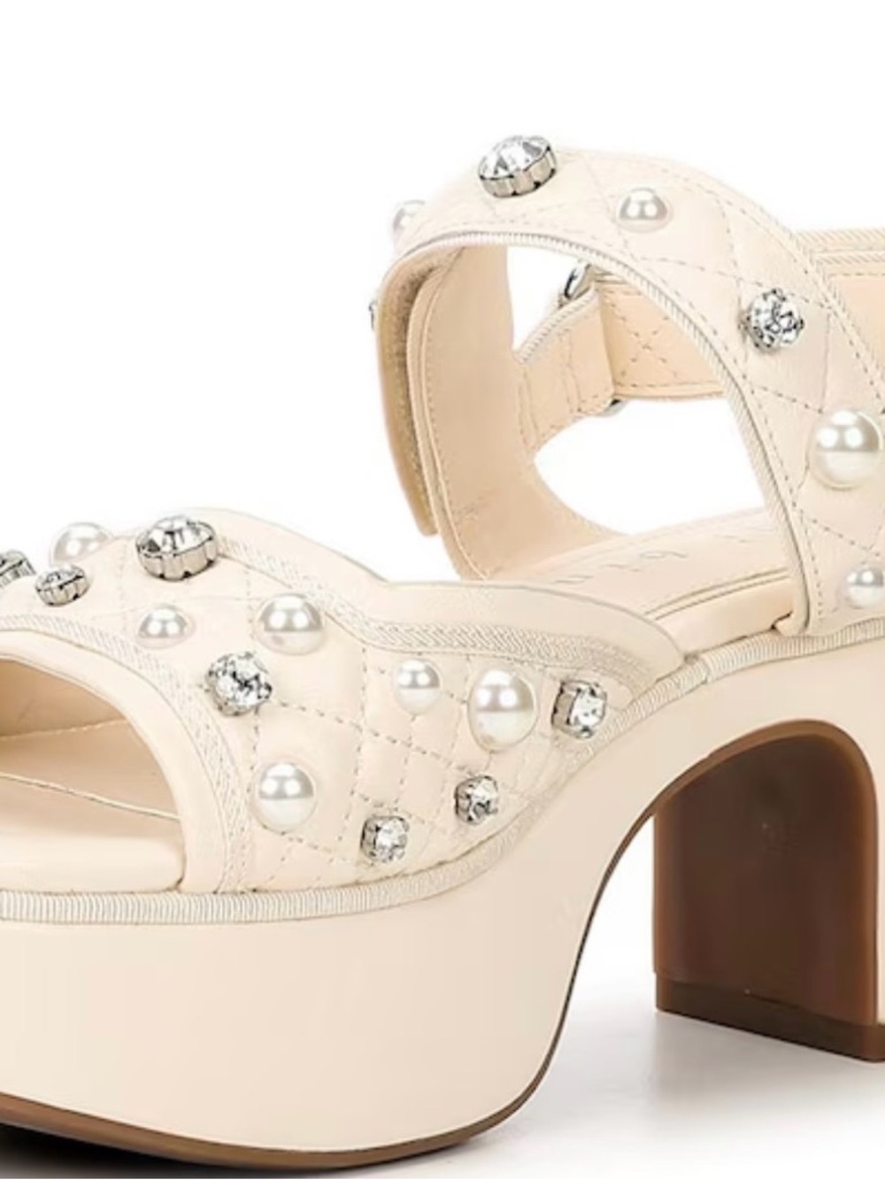 Gianni Bini Cream Quilted Platform Sandals with Pearls & Crystals